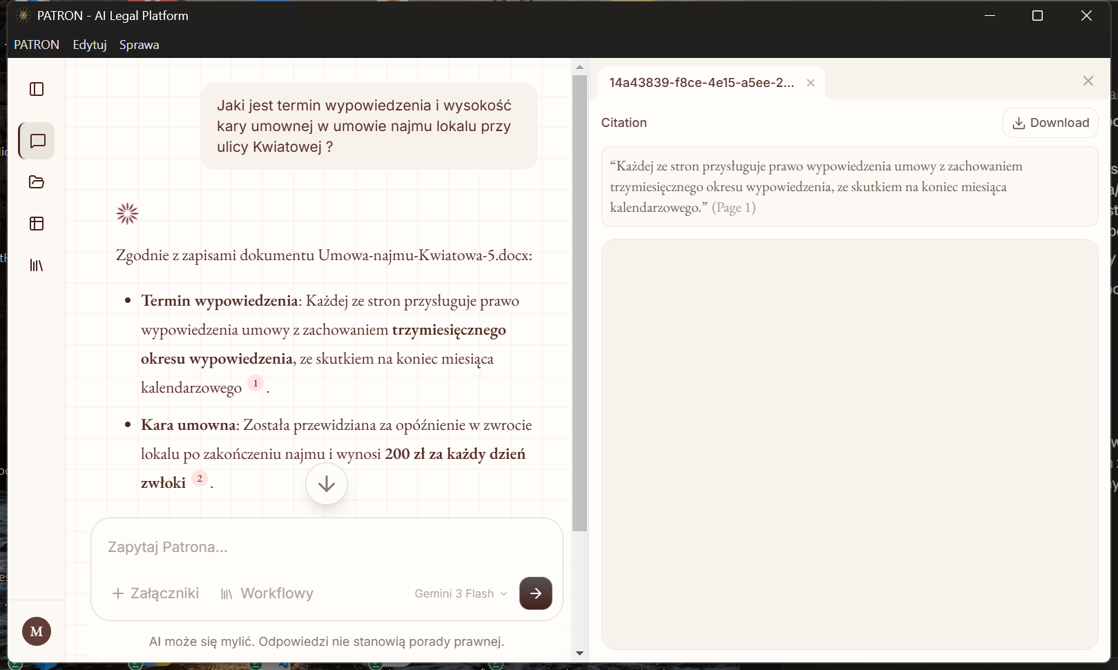 PATRON - odpowiedź z przypisem do źródła: panel cytatu pokazuje dosłowny fragment umowy z numerem strony